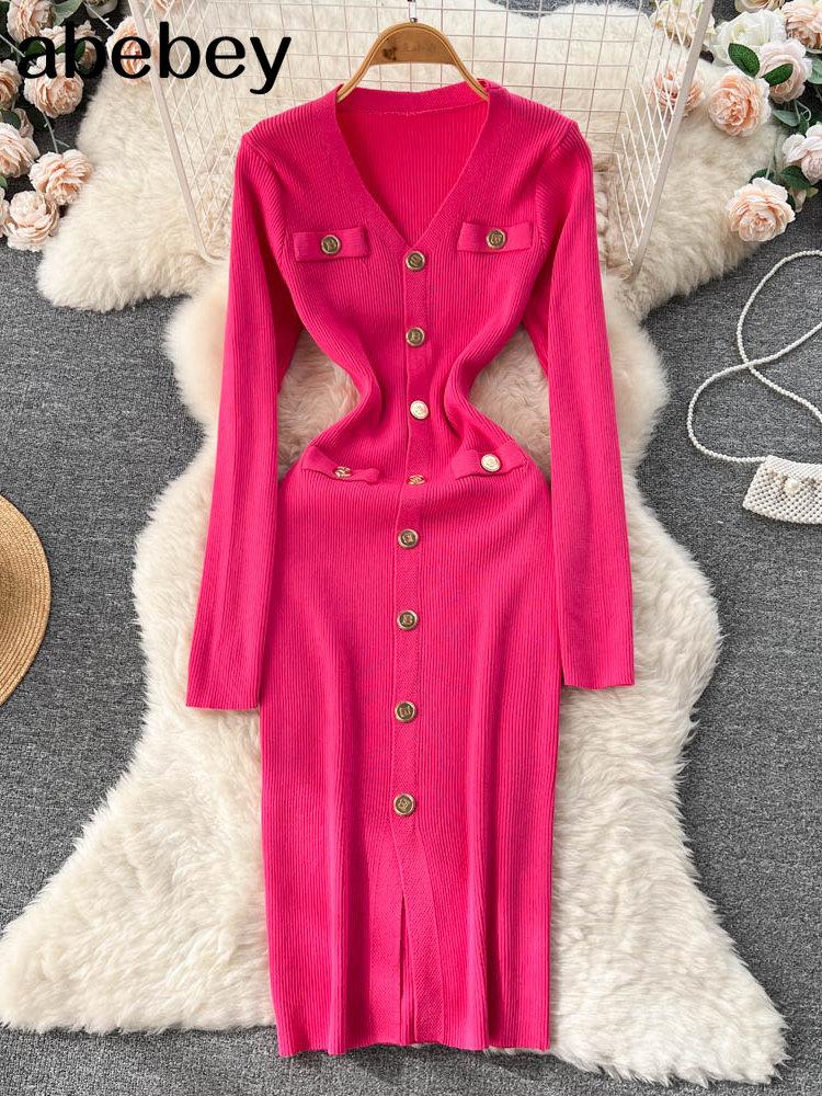 

Casual Dresses Ladies Solid Party Knitted Dress American Style Single Breasted V Neck Skinny 2023 Winter Split Sweater Midi, Orange
