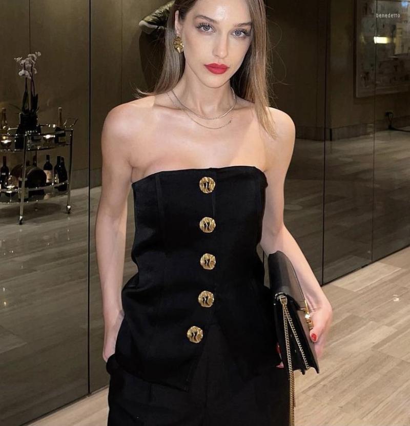

Women's Tanks Elegant Women Tube Camis Vest Tank Tops Sexy Summer Strapless Sleeveless Button Solid Ladies Party Club Wrap Chest Crop Top, Black