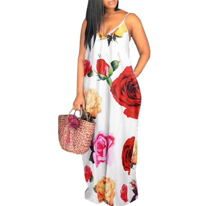

Casual Dresses Boho Summer Elegant Floral Dress Strap V Neck Long Maxi Women Sexy Loose Ladies Party Sundress Beach 2XL, Black