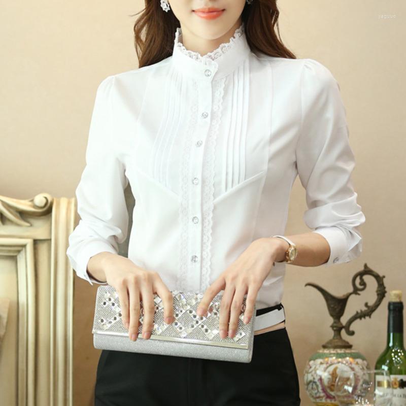 

Women' Blouses Spring Chiffon Tops Elegant Lace Bottomed Women Shirt Long Sleeve Stand Collar White Office Lady Blouse Work Button Up