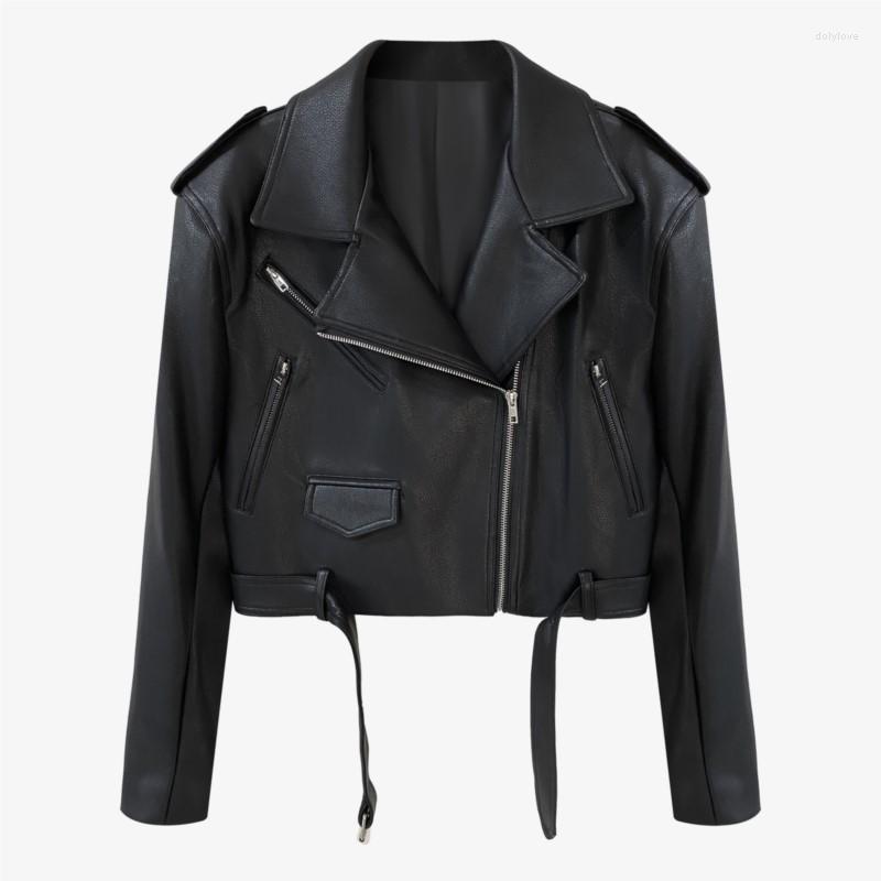 

Women' Jackets Stylish Cool Pu Coat Long Sleeve Women Solid Color Casual Quality Short Bomber Jacket With Belt, Black