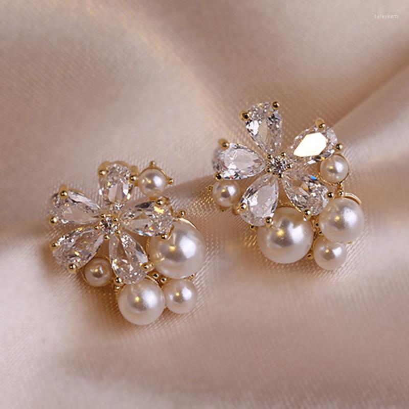 

Stud Earrings Korean Simple Zircon Imitation Pearl For Women Girls Flower Shape Wedding Party Jewelry Gifts