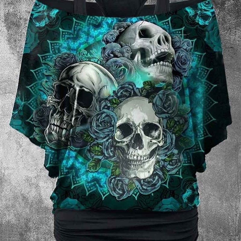 

Women's TShirt Vintage Punk Skull Printed Two Piece Top fgtr 230311, Black