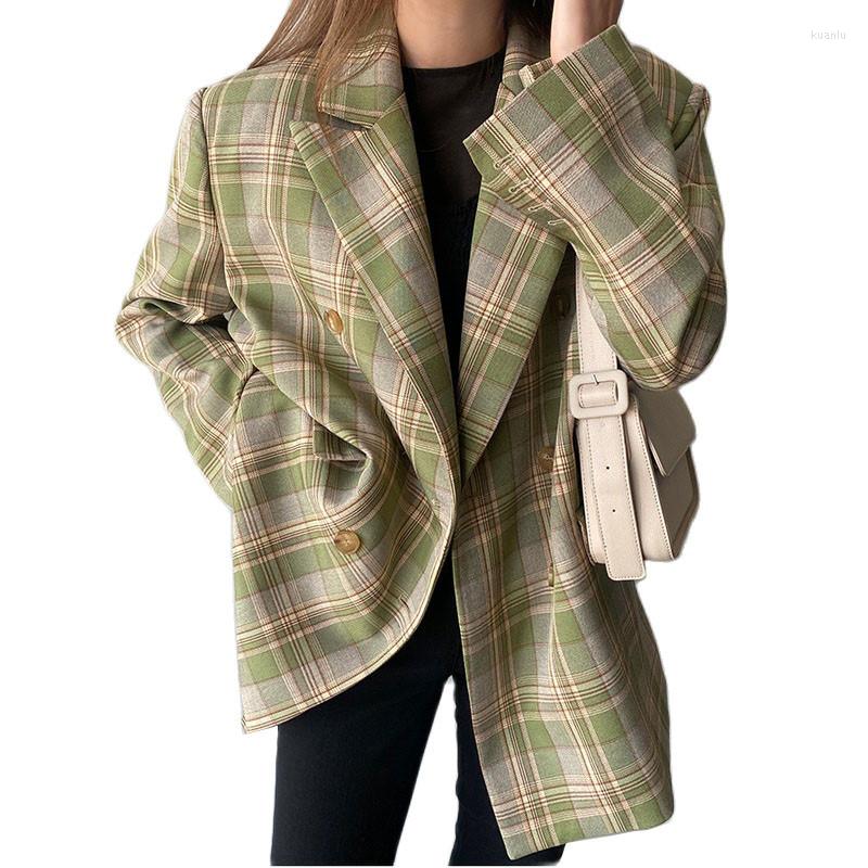 

Women' Suits 2023 Loose Women Plaid Blazer Jacket Spring Autumn Chic Double Breasted Female Suit Jackets Stylish Ladies Coat Tops, Blue
