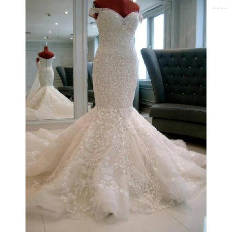 

Wedding Dress Luxury Mermaid Africa Dresses Netting Satin Applique Beading Boat Neck Floor Length Bridal Gown Chapel Train Zipper Back, White