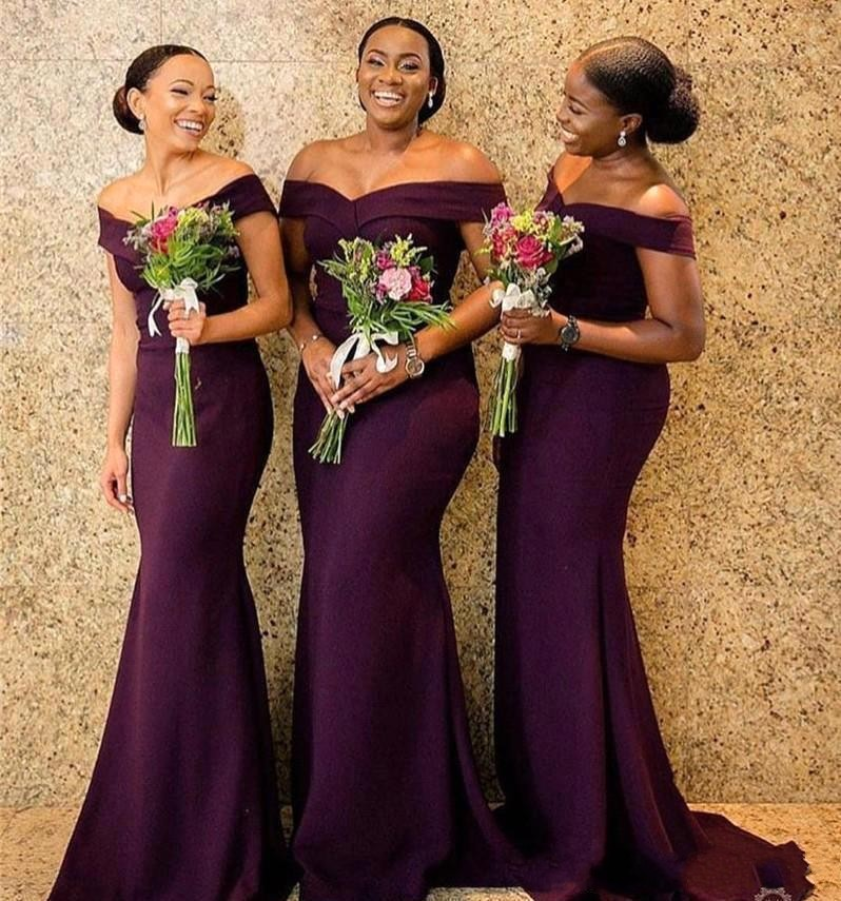 

Regency African Off The Shoulder Satin Long Bridesmaid Dresses Ruched Sweep Train Wedding Guest Maid Of Honor Dresses BM0850