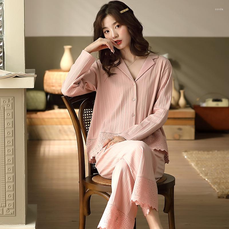 

Women's Sleepwear -3XL Pink Cotton 2PCS Ladies Pajamas Set Lace Trim Sweet Full Sleeve Pant Loose Home Wear Autumn Casual Nightwear