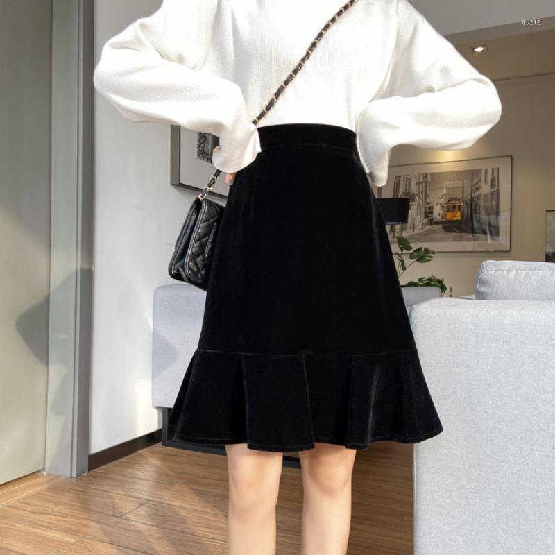 

Skirts Spring Autumn Vintage Women Velvet High Waist Fishtail Large Swing Elegant Party Midi Skirt For Saias Q69, Black