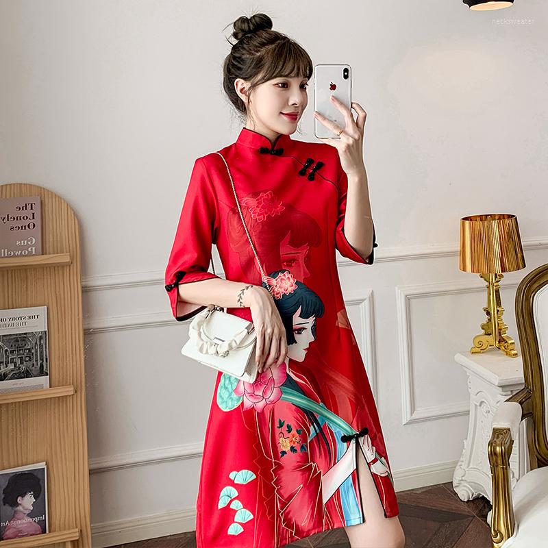 

Ethnic Clothing Ins Red Blue Loose Fashion Modern Chinese Cheongsam A-line Dress Women 3/4 Sleeve Qipao Traditional Clothes