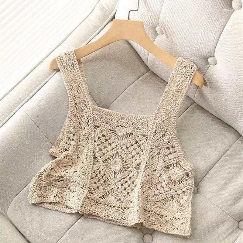 

Women's Tanks Women Vintage French Crochet Sleeveless Camisole Summer Hollow Knit Floral Crop Top Sexy V-Neck Beach Mini Vest Fairy Clothes, 03-apricot