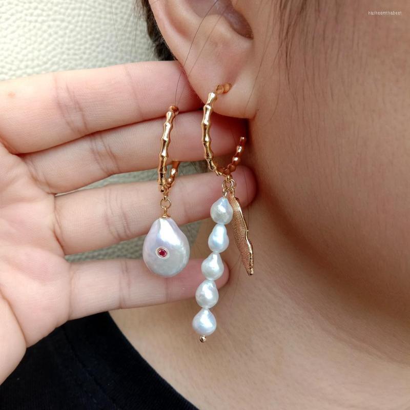 

Hoop Earrings YYGEM Office Style Cultured Natural White Keshi Pearl Coin Cz Pave Asymmetric
