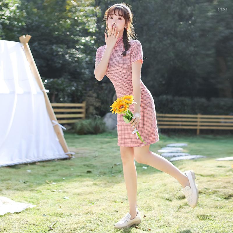 

Ethnic Clothing Women's Elastic Cotton Literary Lattice Short Daily Cheongsam Improved Fresh Girl's Chinese Style Slim Split Dress