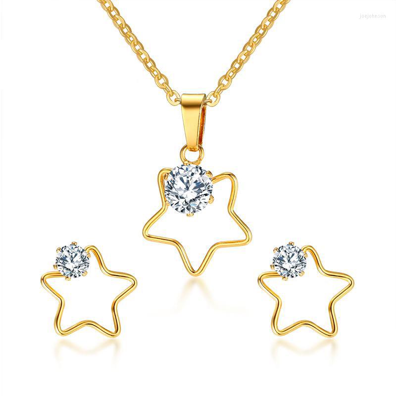 

Necklace Earrings Set Fairladyhood Hollow Star Pendant And For Women Stainless Steel Gold Chain Jewelry, Picture shown
