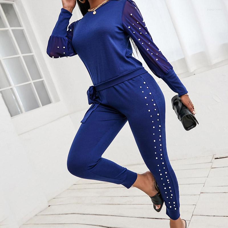 

Women' Tracksuits Fashion Bow Bandage Solid Suits Women Casual Beaded Chiffon Long Sleeves Outfits Office Elegant O-neck Tops And Pants, 02 blue