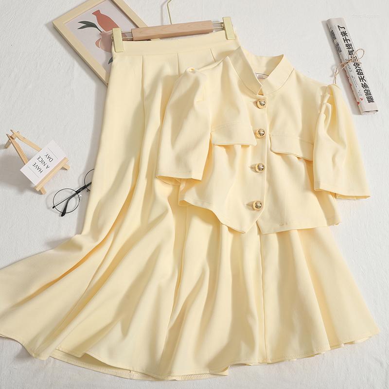 

Work Dresses Summer Fashion Two-piece Solid Color High-quality Puff Sleeve Suit Shirt High Waist Pleated Skirt Suits For Elegant Lady, Black