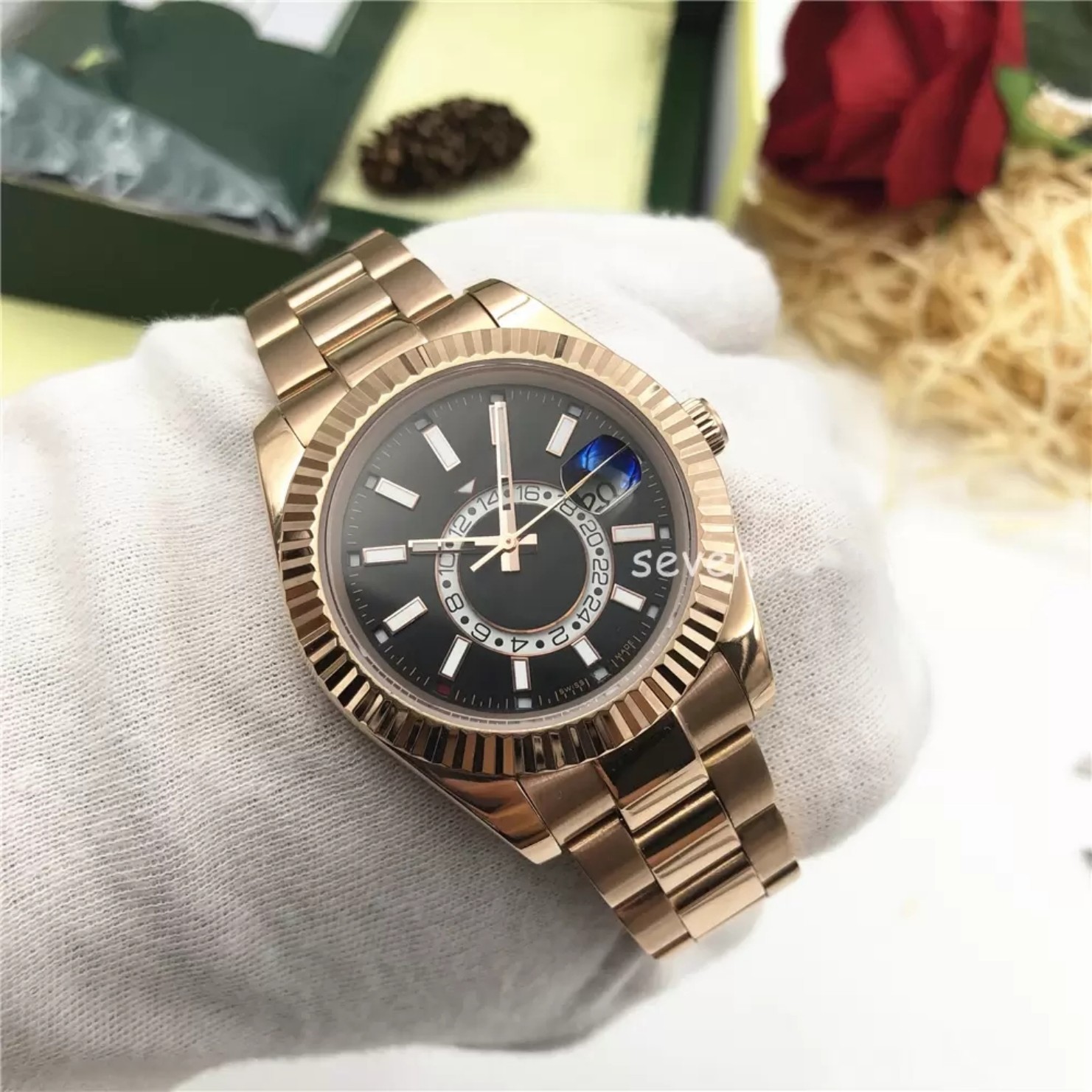 

41mm Sky-Dweller Small Dial Date Mens Watch Designer Automatic Watch Rose Watches Calendar Set Gift Stainless Steel Montre de Luxurys Origin, Style 4 original box+watch
