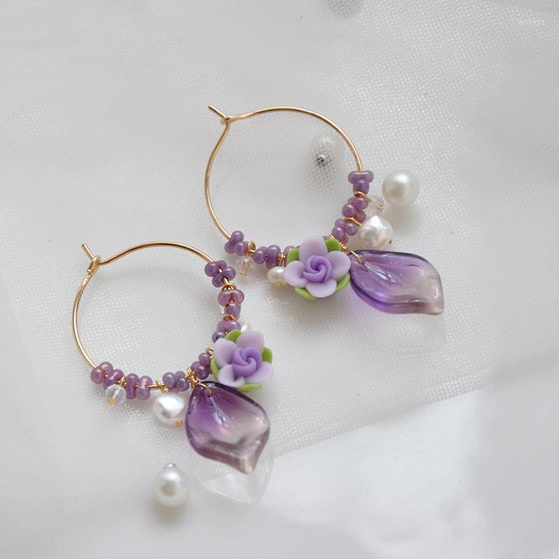 

Hoop Earrings Fashion Anti Allergy Color Retaining Temperament Green Purple Flower Pearl Crystal Female