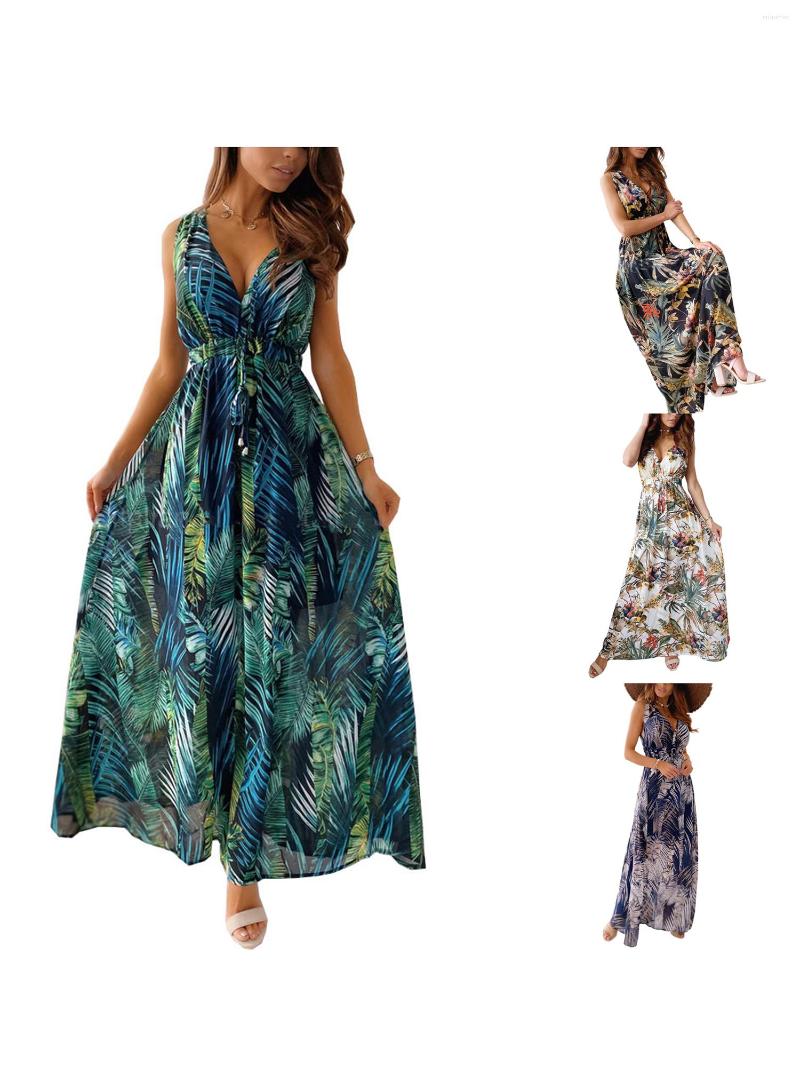 

Casual Dresses 2023 Women Summer Sleeveless Dress Adults Sexy Backless Leaf Print V-neck (Green Blue Black White)