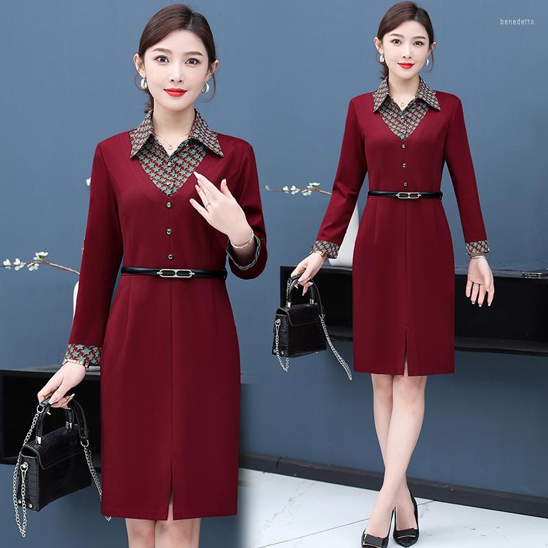 

Casual Dresses Office Lady Elegant Long Sleeve Shirt Women Patchwork Vintage A-Line Knee-Length Work Wear Vestidos, Red