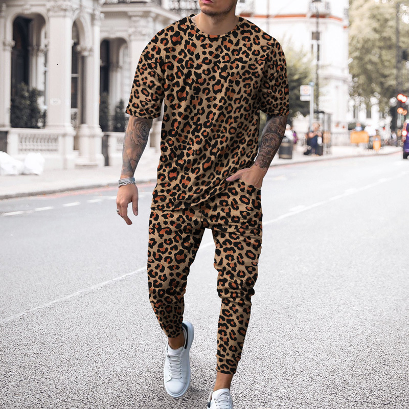 

Men' Tracksuits Leopard Print T-shirt Trousers Fashion Men' Streetwear Sports Short Sleeve T Shirtpants 2 Pcs Sets Men Tracksuit jogging 230313, Men set 1