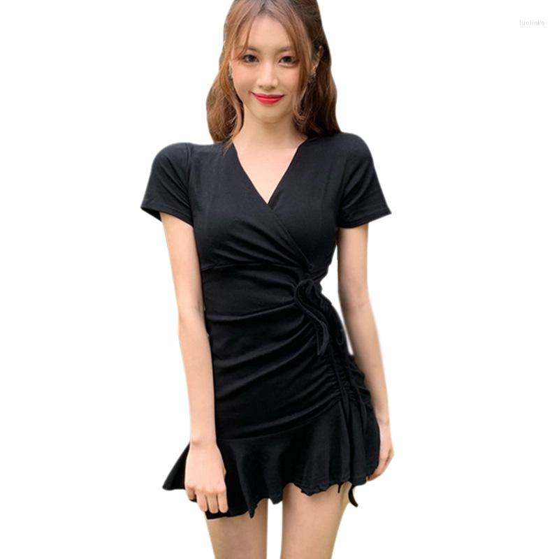 

Casual Dresses Summer Dress Korean Style Fashion Sexy Slim Solid Color Drawstring Pleated Design V-Neck Short-Sleeved