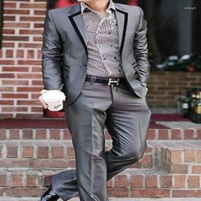 

Men's Suits British Style Flat Collar Single Breasted Men's Grey 2 Pieces Fashion Trendy Bridegroom Wedding Tuxedos Dinner Blazer, Picture shown