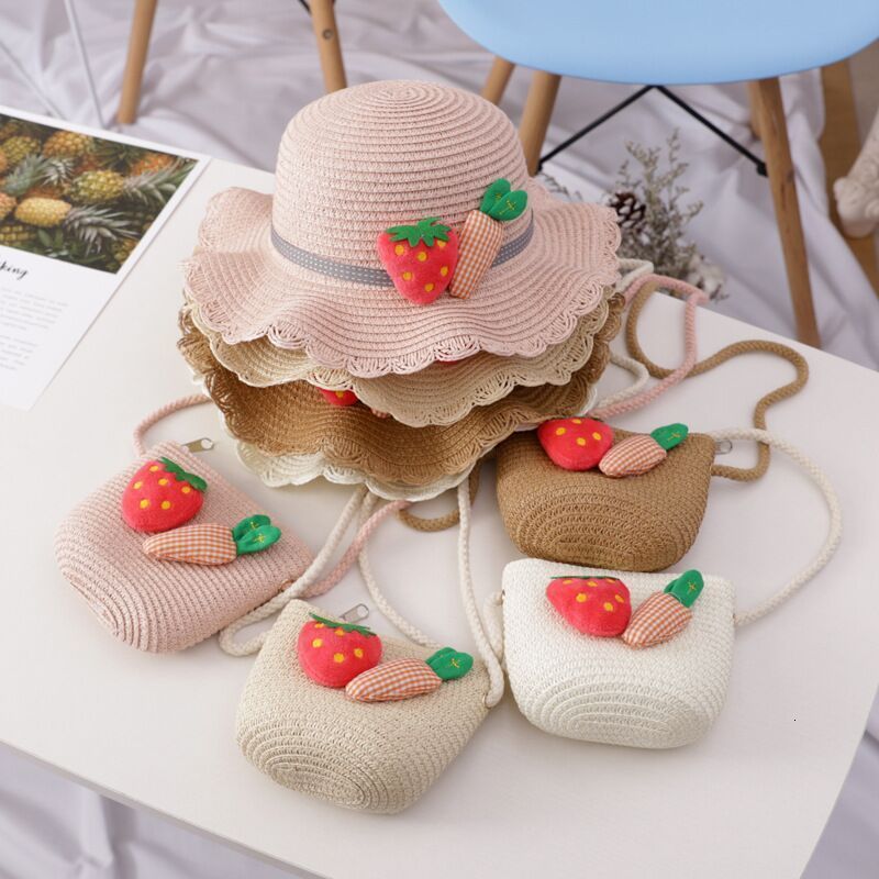 

Caps Hats Kid Baby Girls Wide Brim Straw Woven Sun Protection Beach Hat Summer Cute Strawberry Floppy Bucket Cap Portable Handbag Suit 230313, Pink hat