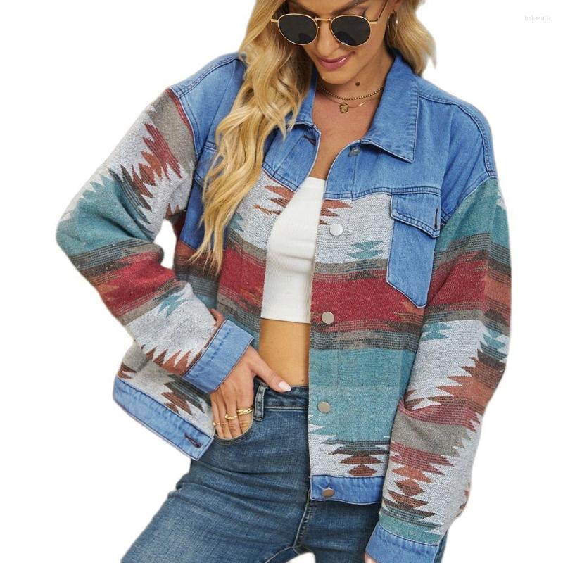 

Women' Jackets Fall 2023 Fashion Aztec Geometric Pattern Long Sleeve Denim Jacket For Women Casual Loose Short Jeans Coat Female Clothing, 2090-1