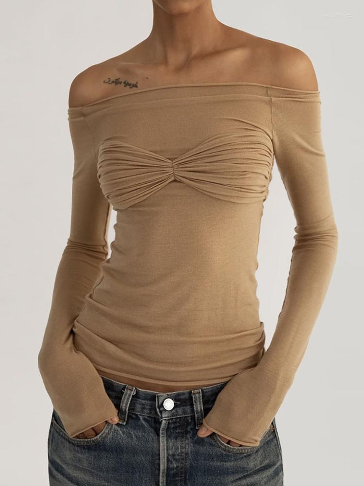 

Women' T Shirts Y2k Crop Top Women Summer Mesh See Through Off Shoulder Long Sleeve Ruched Tops Sexy Skinny Shirt Streetwear Female, White