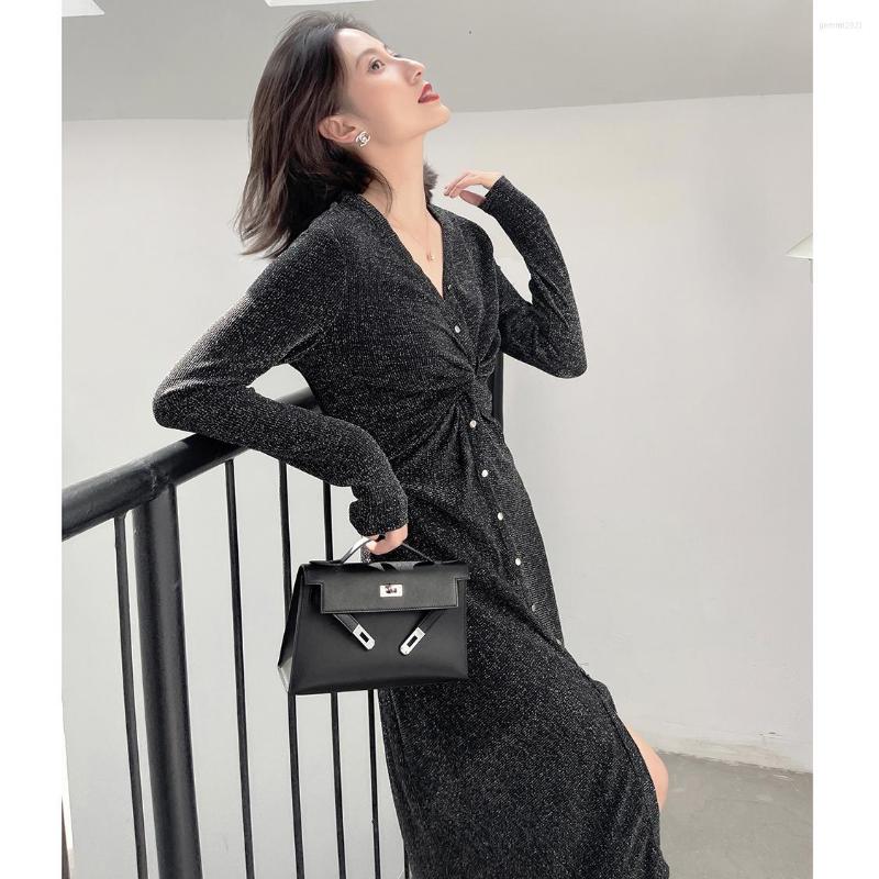 

Casual Dresses Dress Hepburn Early Fall Long Sleeve 2023 French V Neck, Black