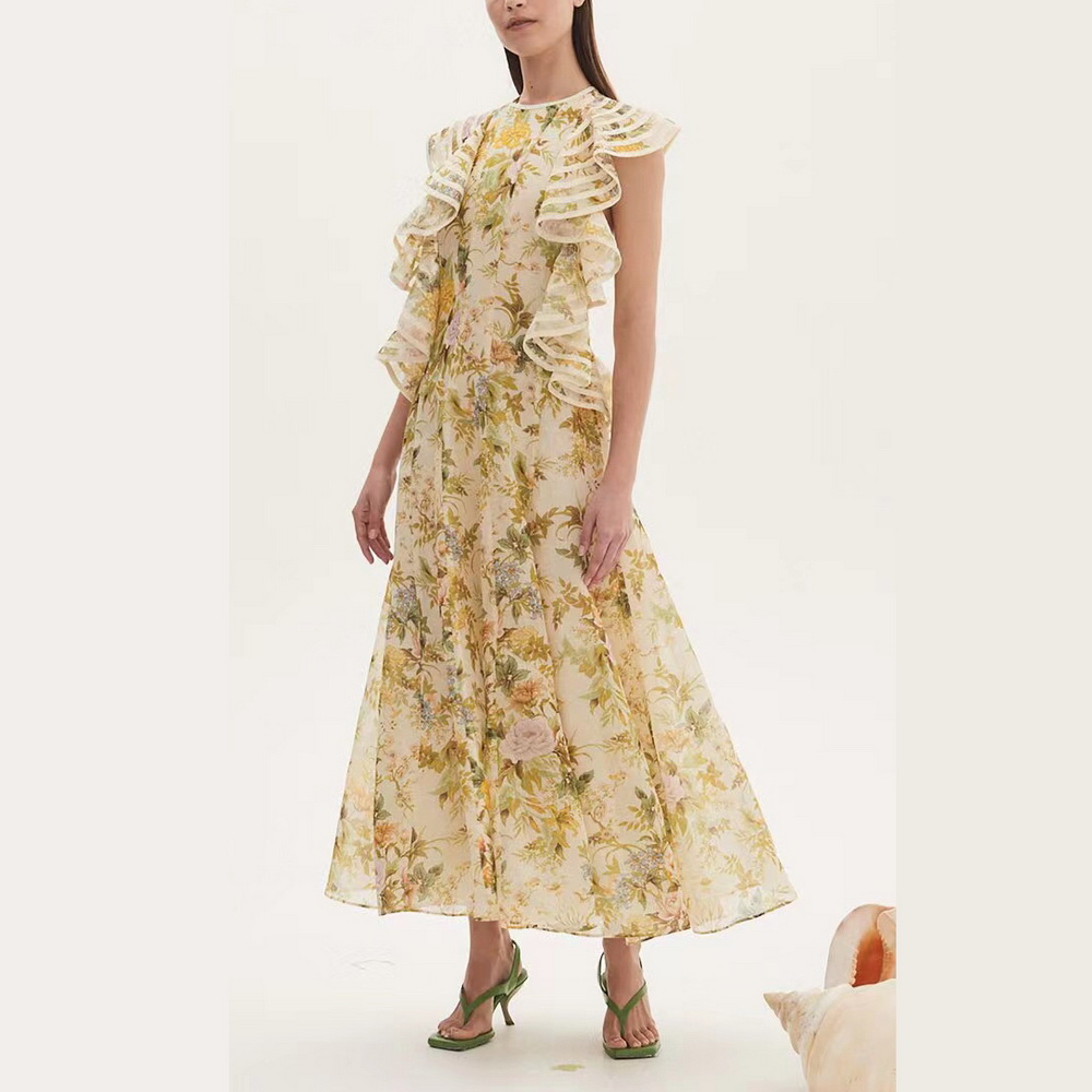 

Australian designer silk and linen round neck open back skirt, Yellow