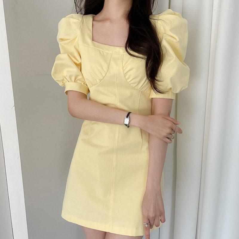 

Casual Dresses Fashion Women Dress 2023 Summer Solid Puff Short Sleeve Mini French Style Retro Square Collar High Waist Vestidos, Black