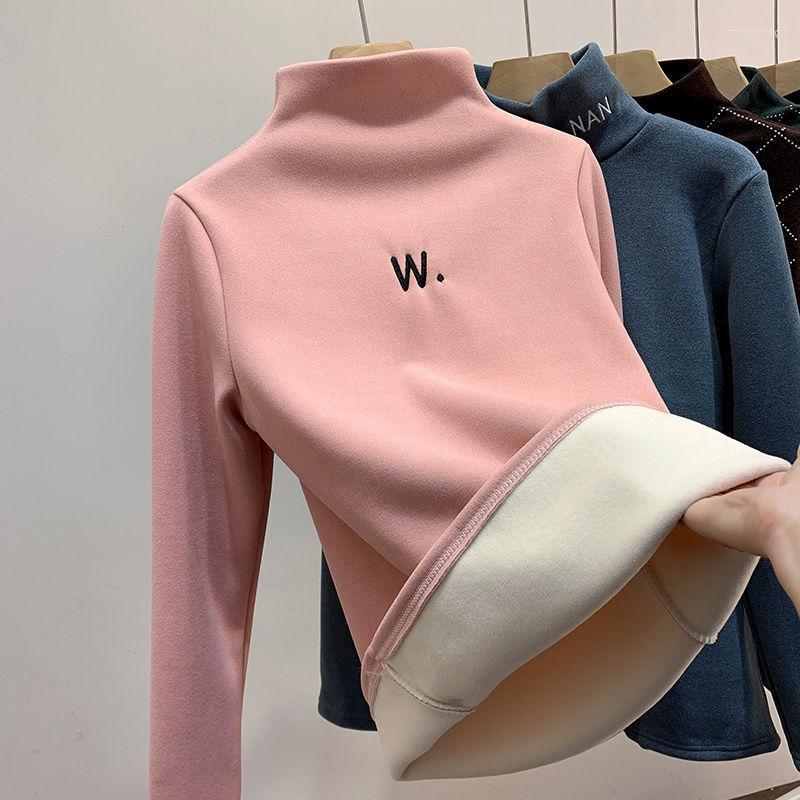 

Men's T Shirts Autumn Winter 2023 Half High Collar Oversize Long Sleeve T-shirt Plush Thick Embroidery Bottom Shirt Women's Versatile, Black