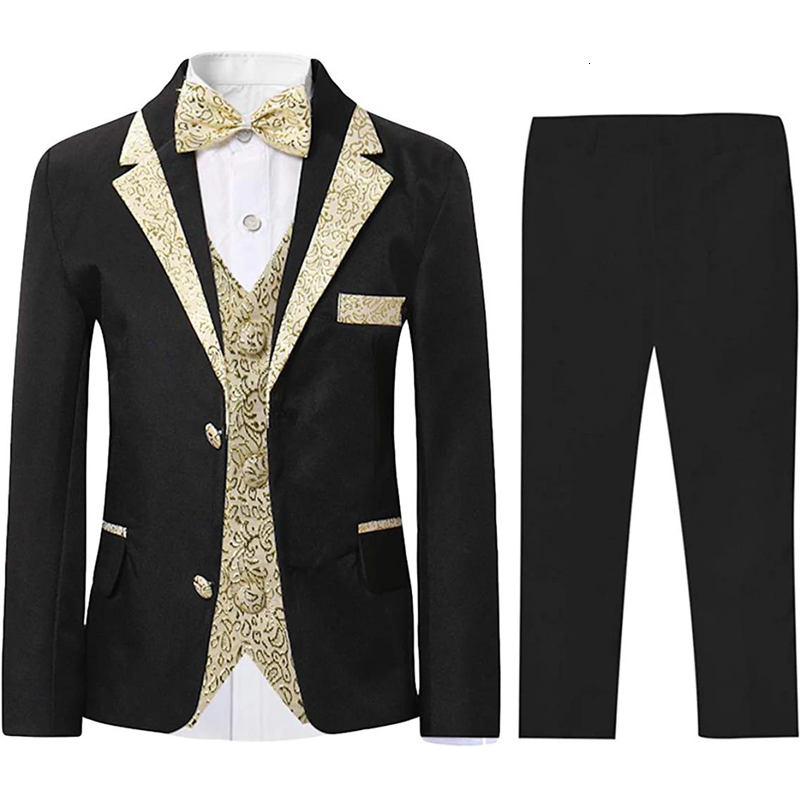 

Suits Boys Slim Fit Suits 5 Pieces Set Kids Blazer Vest Pants Shirt Bowtie Jacket With Gold Rims For Wedding Party Prom 230313, Black silvery 5pcs