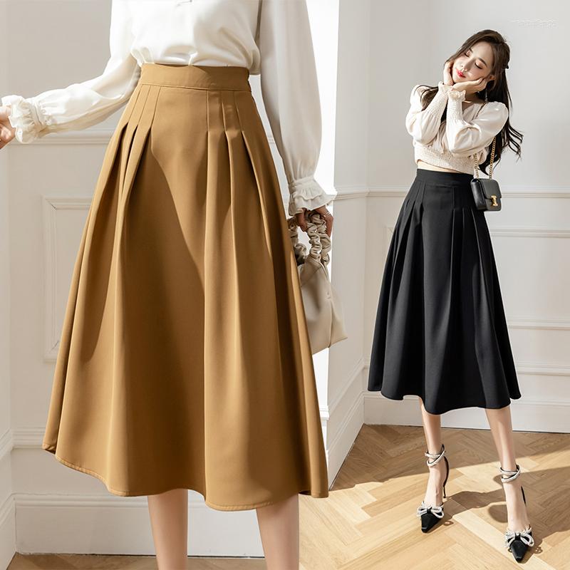 

Skirts Fashion 2023 Simple Style Design Pleated Skirt Women Autumn Winter Elastic Waist A-Line Vintage Elegant Black Midi