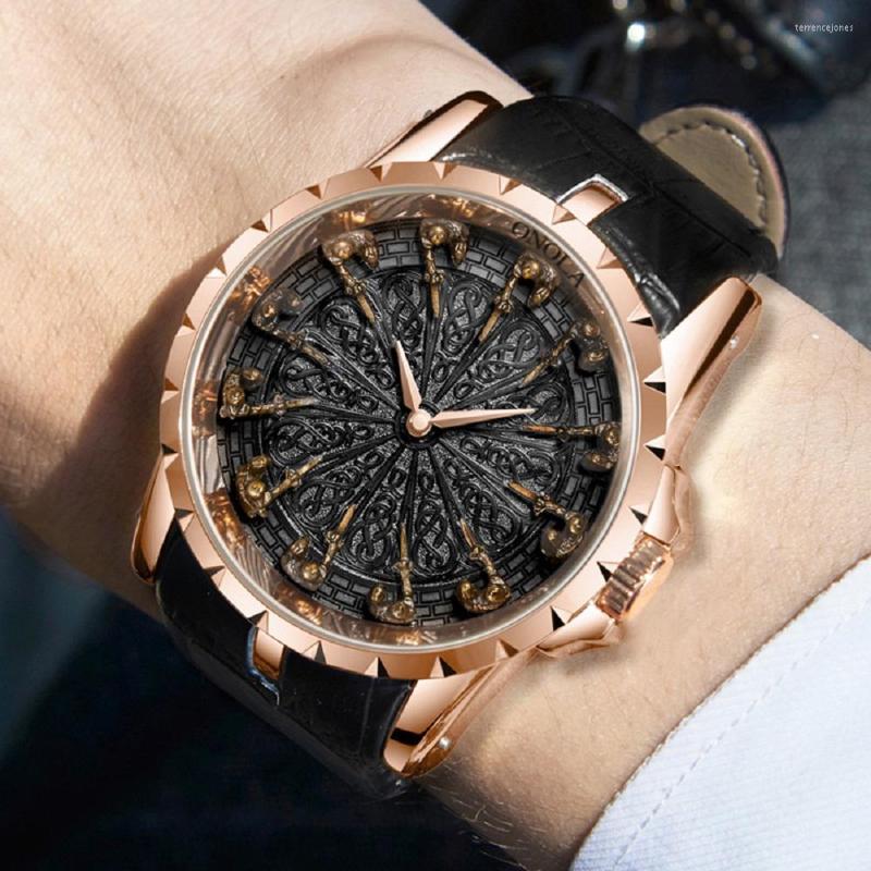 

Wristwatches ONOLA Top Mens Watches Waterproof Leather Band Watch Quartz Men Business Wristwatch Casual Clock Erkek Kol Saati, Black rose gold