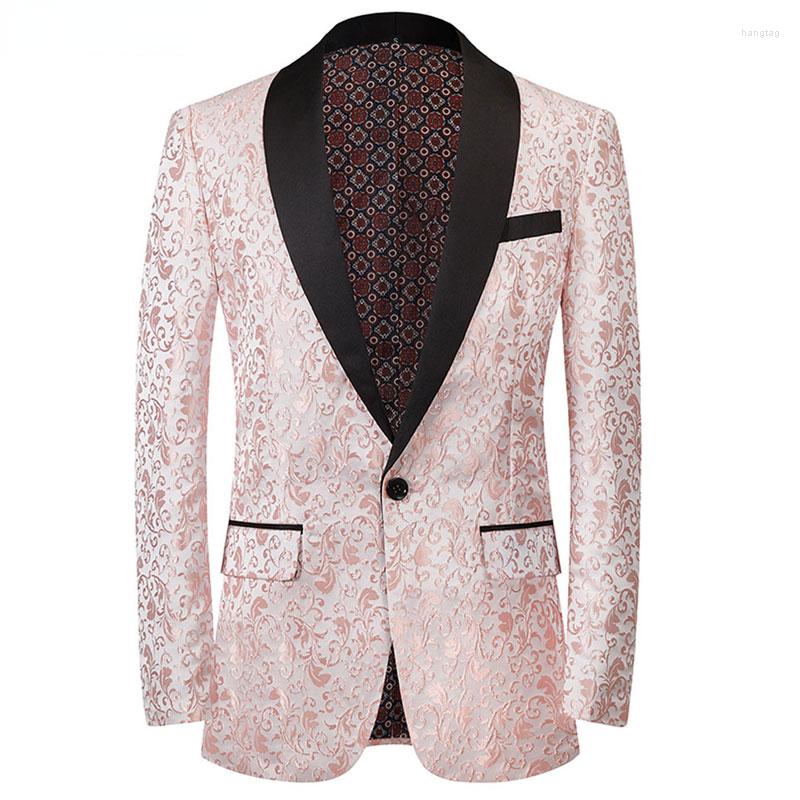 

Men's Suits Pink Floral Jacquard Tuxedo Blazer Men Shawl Collar One Button Dress Suit Jacket Male Party Wedding Groom Dinner Costume Homme