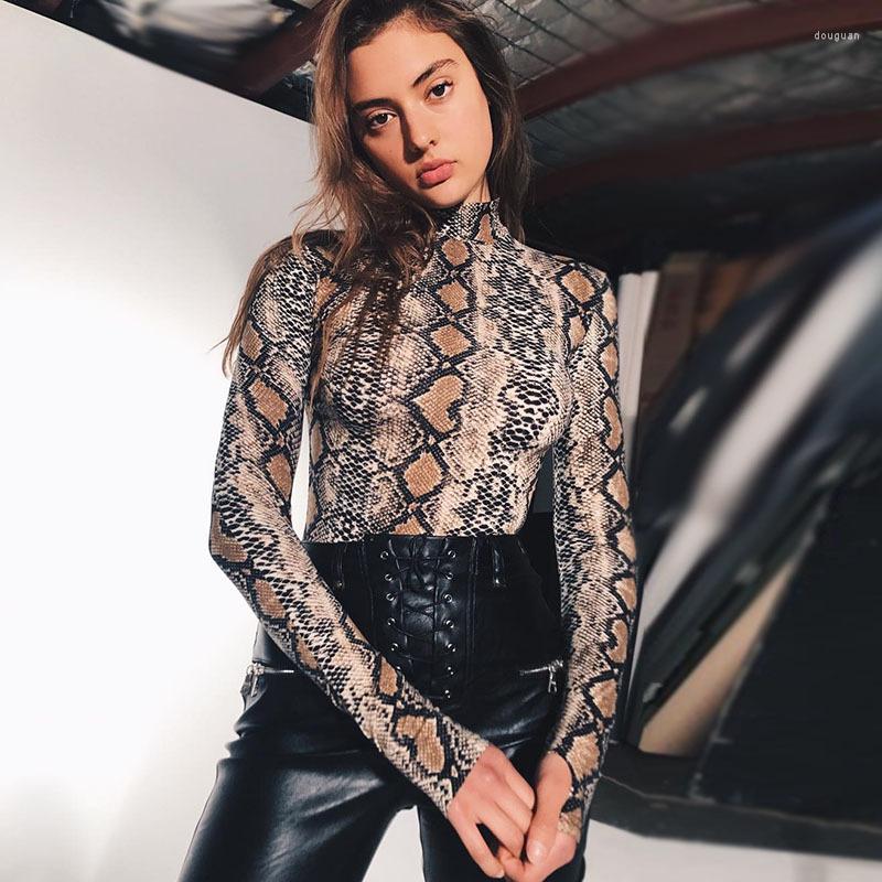 

Women' T Shirts 2-color European And American Fashion Long-sleeved Snake Print Turtleneck Jumpsuit Women Clothes, Brown