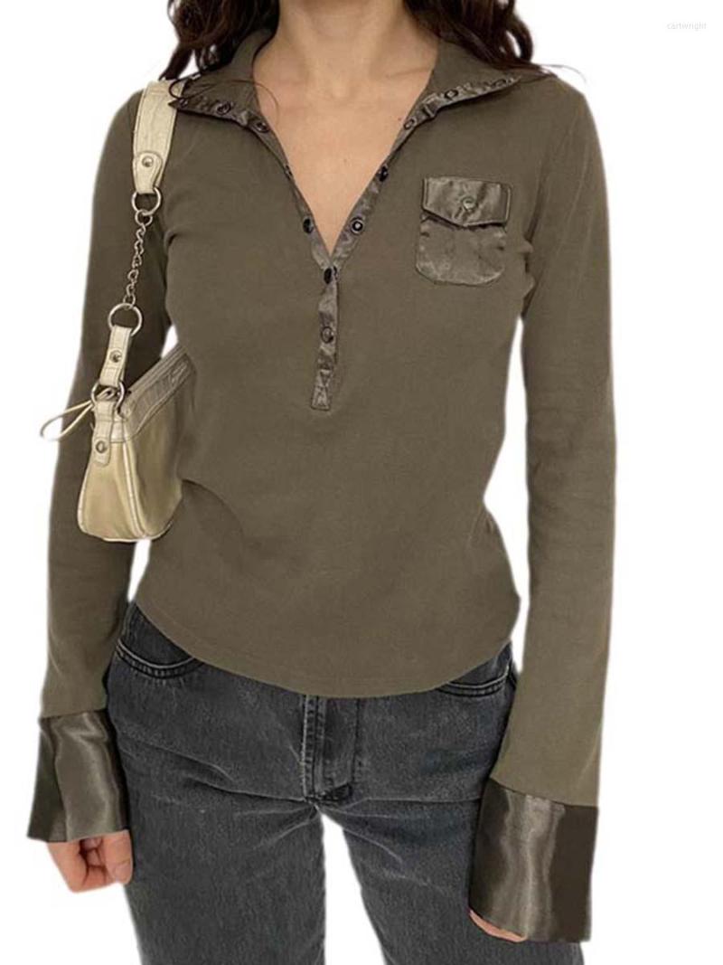 

Women' T Shirts Women Retro Buttons Long Sleeve Fall Tops Fairy Grunge Patchwork Lapel Slim Fit Crop Top Streetwear, Army green