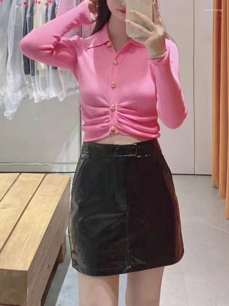 

Women's Knits Women Sweater 2023 Autumn Hem Pleated Solid Color Long-sleeved Slim Knitted Cardigan, Black