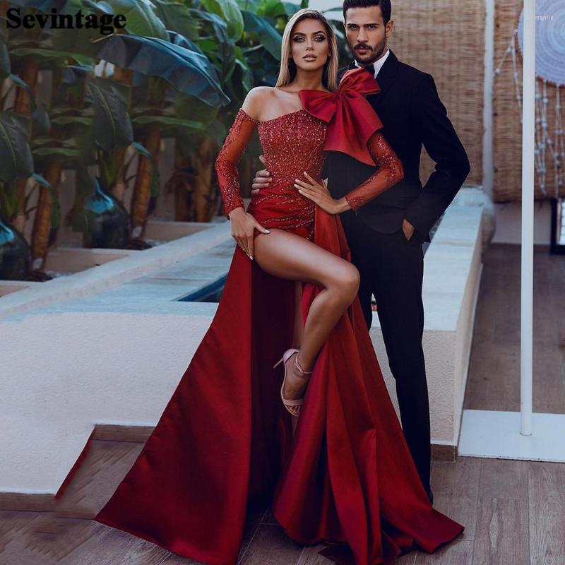 

Party Dresses Sevintage Burgundy Satin Mermaid Prom Beaded Slit Side Dubai Evening Dress Long Sleeve Arabia Women Formal Gowns, Black