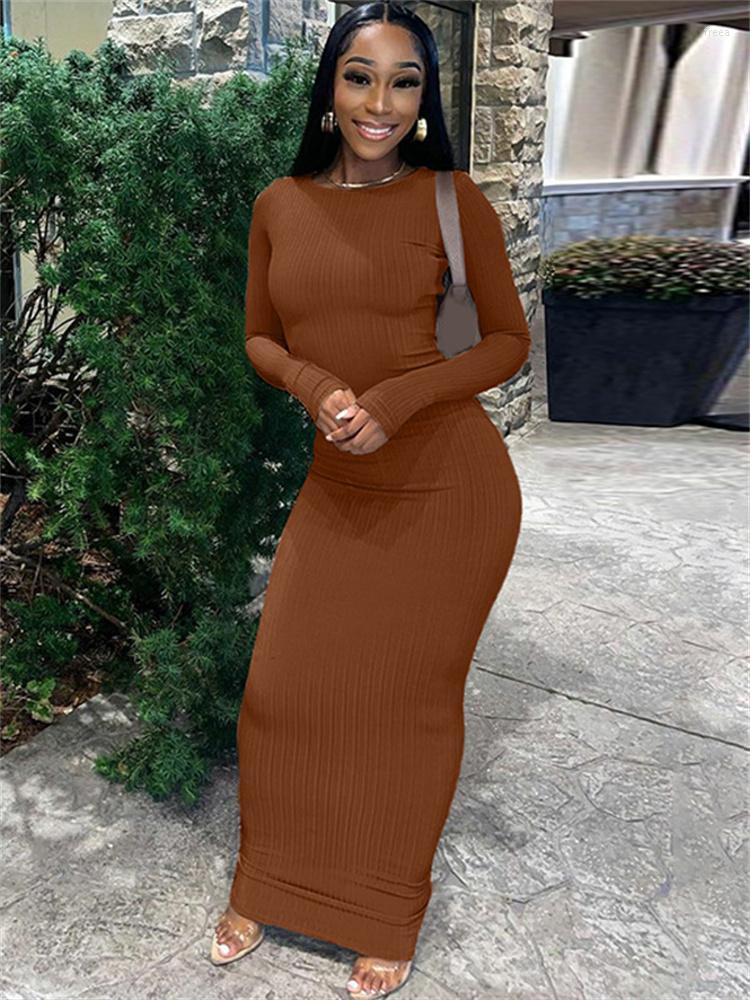 

Casual Dresses Elegant Sexy Bodycon Maxi Prom Dress Ribbed O Neck Long Sleeves Fall Winter Women Streetwear Birthday Party, Black