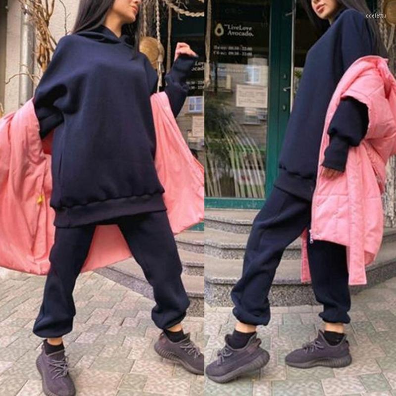 

Women' Tracksuits Casual Long Sleeve Tracksuit Outfits Elegant Hooded Sweatshirt And Pants Suit Women Fashion Sportswear Loose Solid 2Pc, 01 lake blue