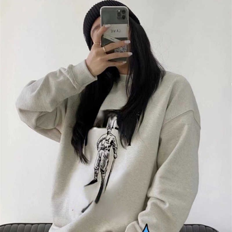 

Season 7 main high street flocking printed baseball round neck sweater, Grey marl