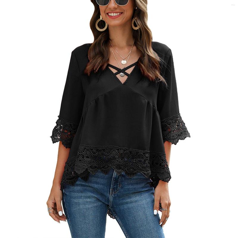 

Women' Blouses 2023 Fashion Women Summer Sexy Blouse Irregular Half Sleeve Criss-Cross V-neck Hollow Out Lace Chiffon Shirt Women, Black