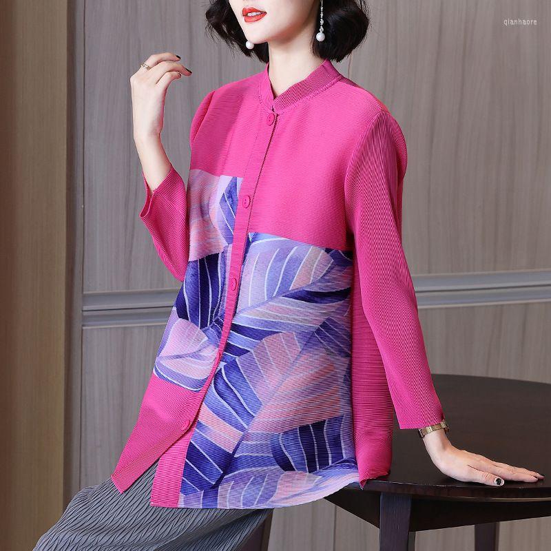 

Women's Blouses VANOVICH Spring 2023 Fashion Rose Red Shirt Single Breasted Stand Collar Nine Quarter Sleeve Casual Color Matching Shirts