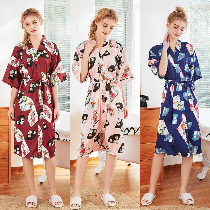 

Women's Sleepwear Women Silk Satin Sexy Kimono Bathrobe Knee Length Bridesmaid Folding Fan Bath Robe Bride Dressing Gown For Wedding, Wine red
