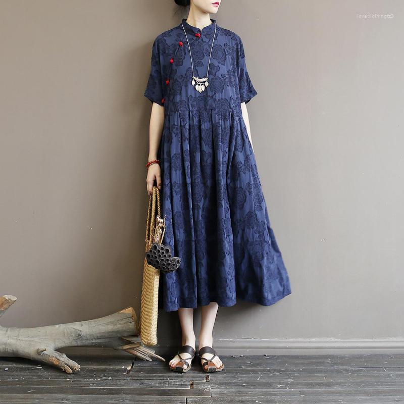 

Party Dresses Johnature Vintage Loose Summer Dress Solid Color Short Sleeve Button Stand Collar 2023 Clothes Cotton Linen Women, Navy blue