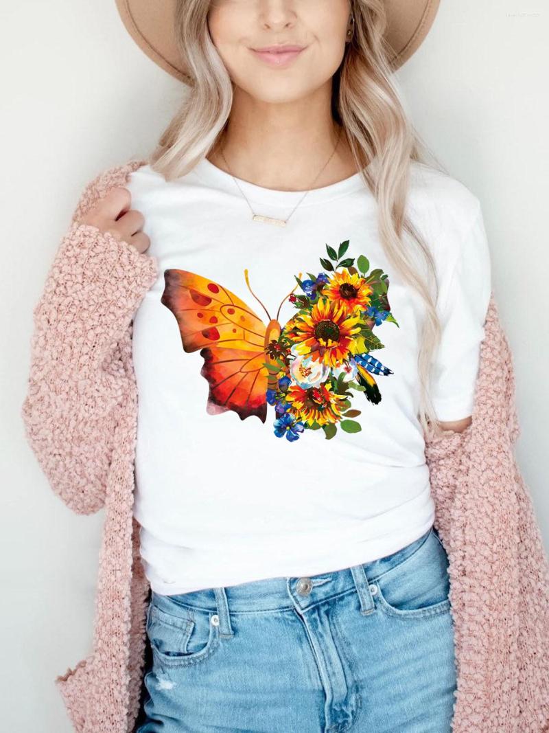 

Women's T Shirts Butterfly Flower Women Print T-shirt Girl Y2K Short Sleeve Design Tees Tops 90S Sweetshirts Female Harajuku Clothing, B2766-4-black