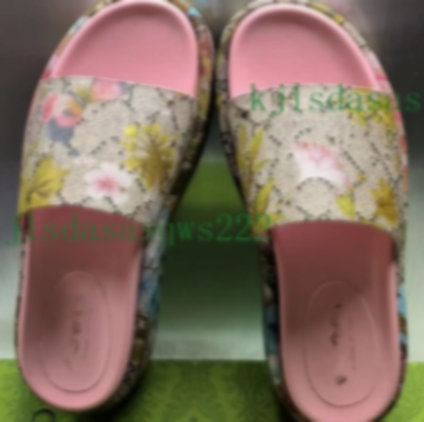

2023 Fashion Mens Womens Floral brocade Slippers Slide Designer Luxury Flat High Heels Flip Flops Embroidered Platform Rubber Sandal Leather Casual Shoe 35-44, Pink
